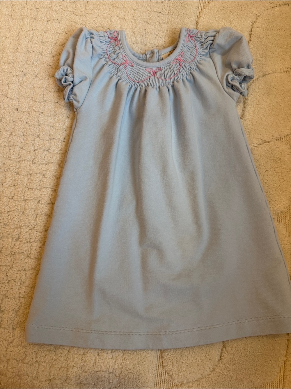 The Beaufort Bonnet Company Light Blue Smocked Girls Dress with Pink Embroidery
